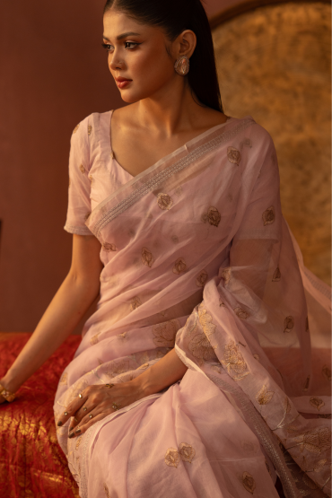 Half Silk Embroidered Lotus Sari